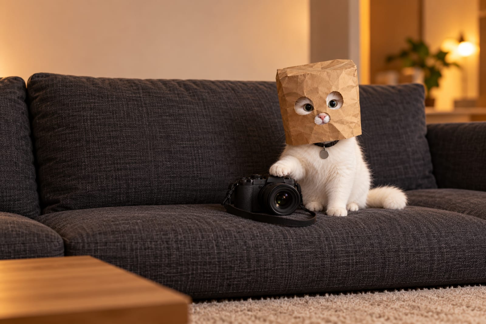 Photograph of a white cat seated on a dark sofa, wearing a brown paper bag with cutouts showing its eyes and pink nose, and a dark collar with a round silver tag. One unbranded camera rests beside it.